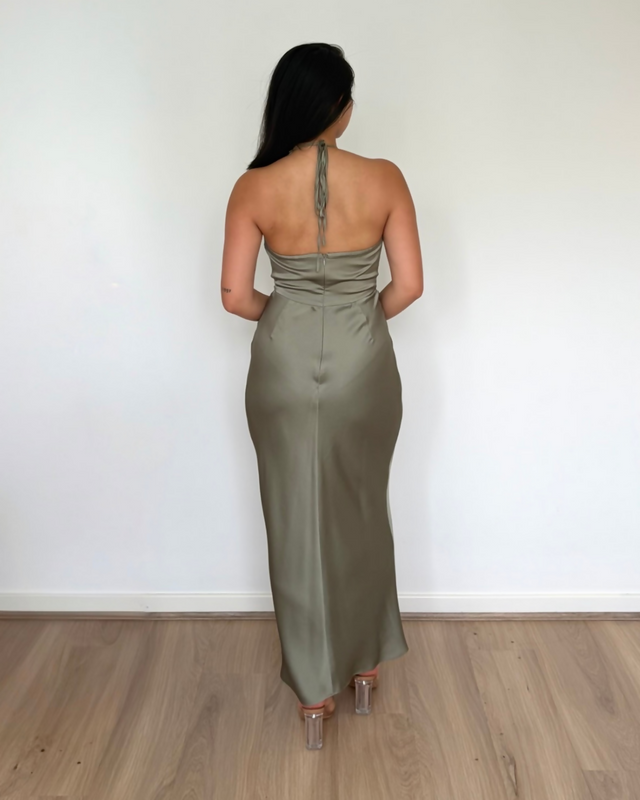 Shona Joy Luxe Twist Front Halter Midi Dress Eucalyptus