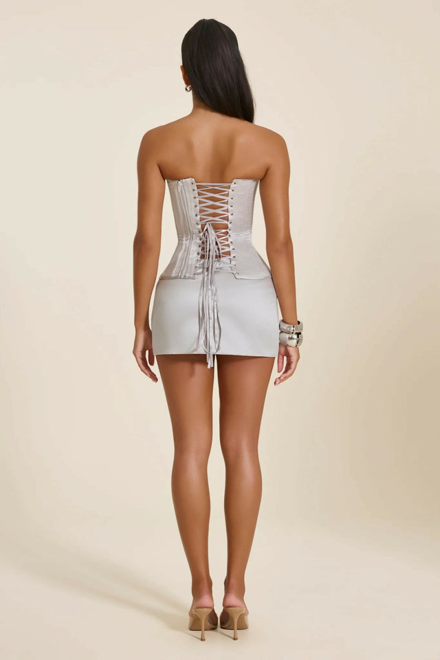 Mars The Label The Fiora Satin Mini Skirt & Corset Top In Silver