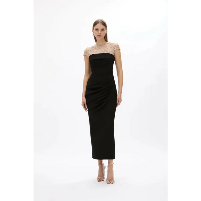 Rachel Gilbert Dottie Floral Crystal Sheer Draped Midi Dress Black Size 6 - 6 / Black - Dresses