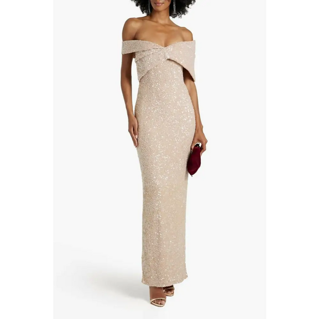 Rachel Gilbert Mirella Off-The-Shoulder Sequined Tulle Gown - 14 / Cream - Dresses