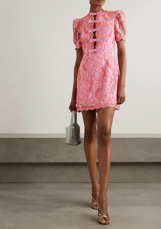 Rebecca Vallance Maribella Bow-Detailed Embroidered Tulle Mini Dress - 10 / Pink - Dresses