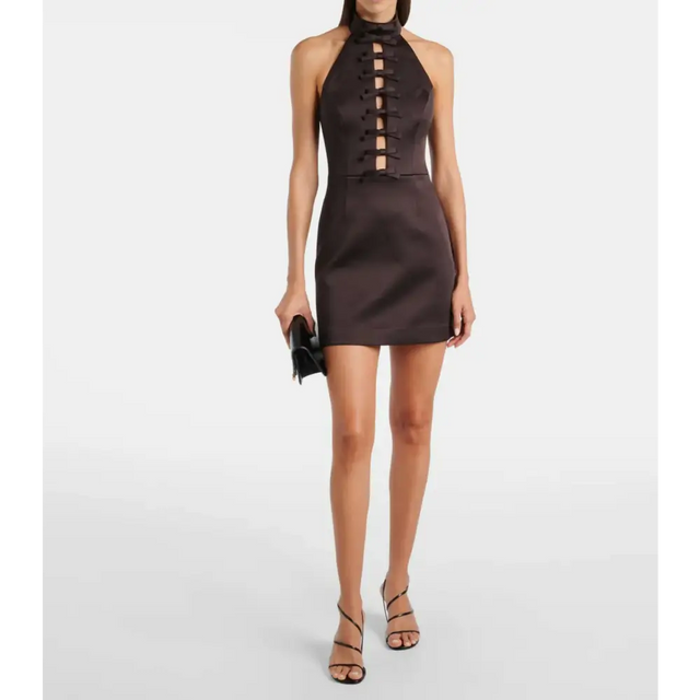 Rebecca Vallance Saskia Bow Mini Dress in Chocolate - 12 / Brown - Dresses