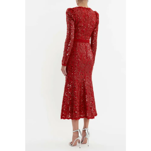 Rebecca Vallance X Nicky Hilton Leyla Long Sleeve Midi Dress Red Sequin Size 6 - 6 / Red - Dresses