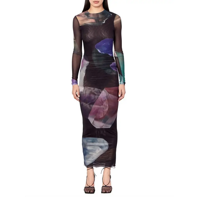 Romy Gemstone Long Sleeve Mesh Maxi Dress Black Multi Size AU 12 - 12 / Multi - Dresses