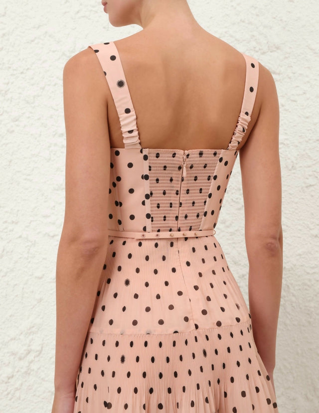 Zimmermann Pleated Draped Midi Dress in Pink Dot