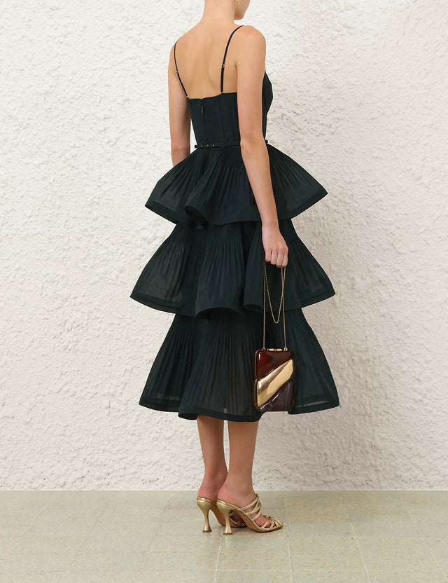 Pleated Tiered Midi Dress - size 1/AU10