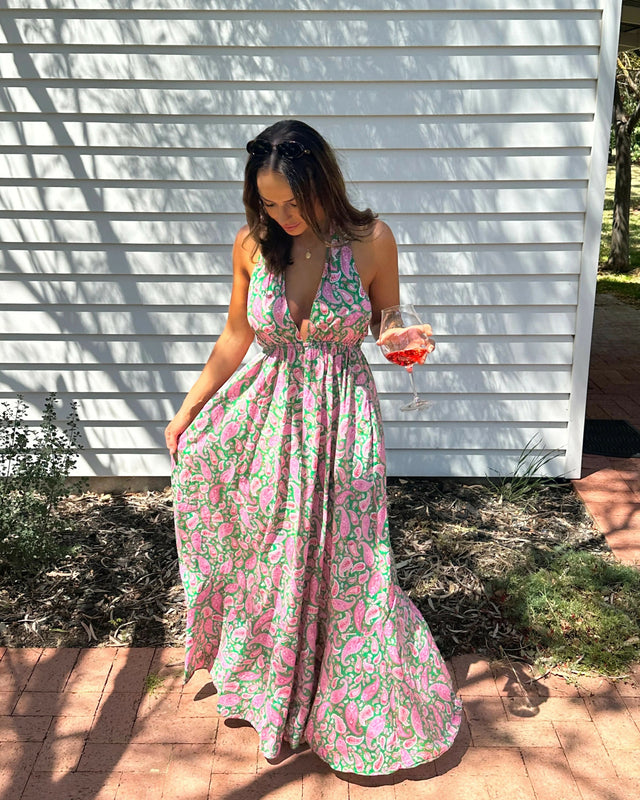 Scanlan Theodore Cotton Paisley Halter Dress - Kelly Green - Dresses