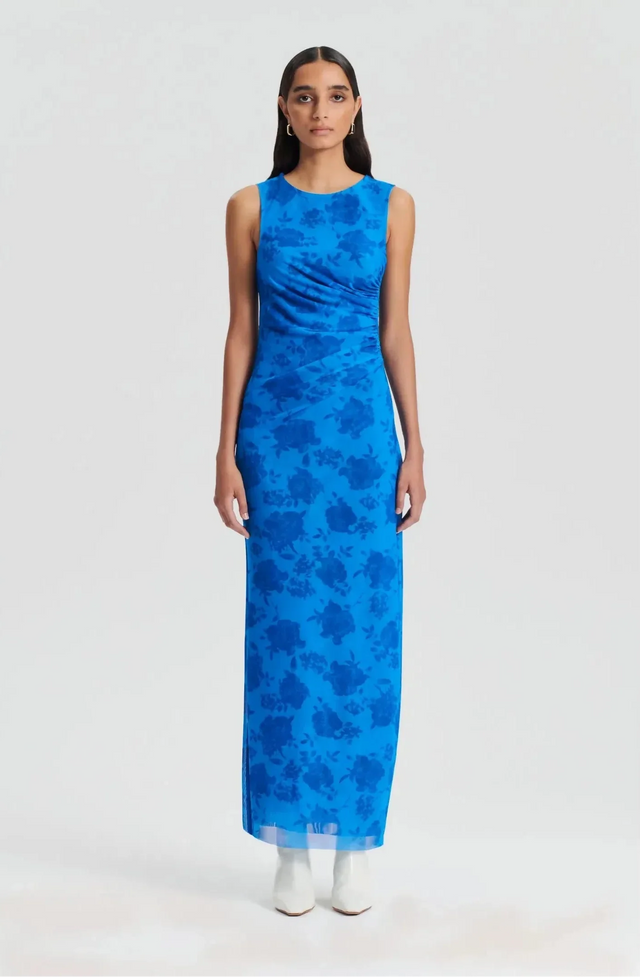 Scanlan Theodore Italian Mesh Maxi Dress Blue Lace Print Size AU 6 - 6 / Blue - Dresses