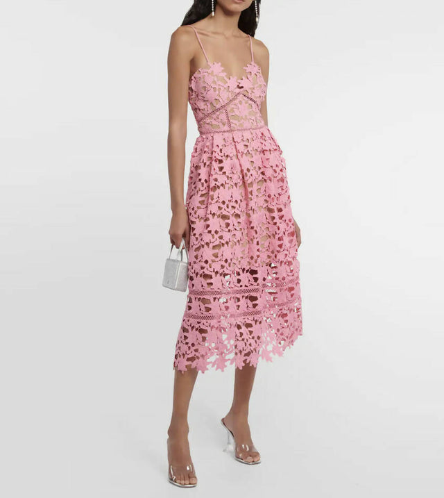 Self-Portrait Azalea Lace Midi Dress Pink Size 12 - 12 / Pink - Dresses