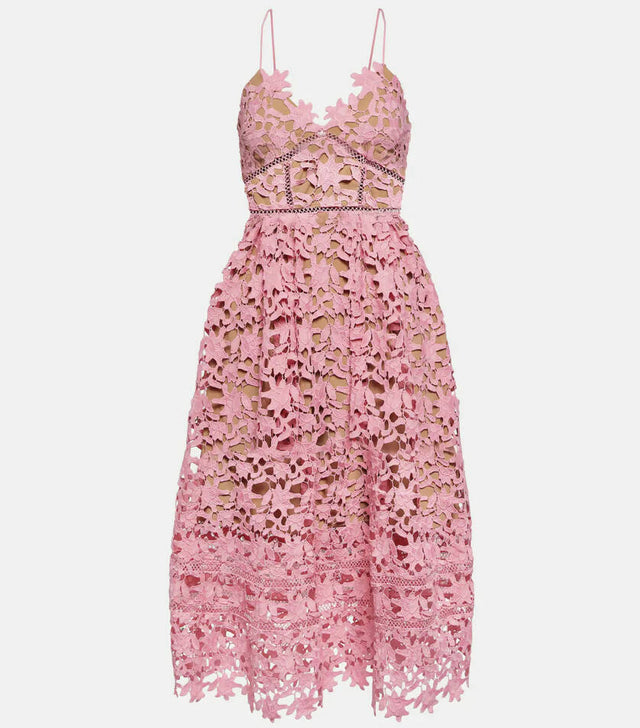 Self-Portrait Azalea Lace Midi Dress Pink Size 12 - 12 / Pink - Dresses