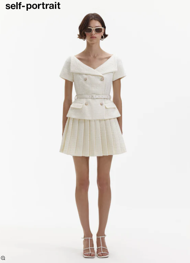 SELF-PORTRAIT Belted embellished bouclé mini dress - White / 6 - Dresses