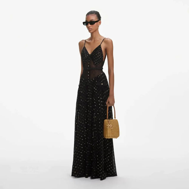 Self Portrait Chiffon Maxi Dress Black Size 6 & 8 - Dresses