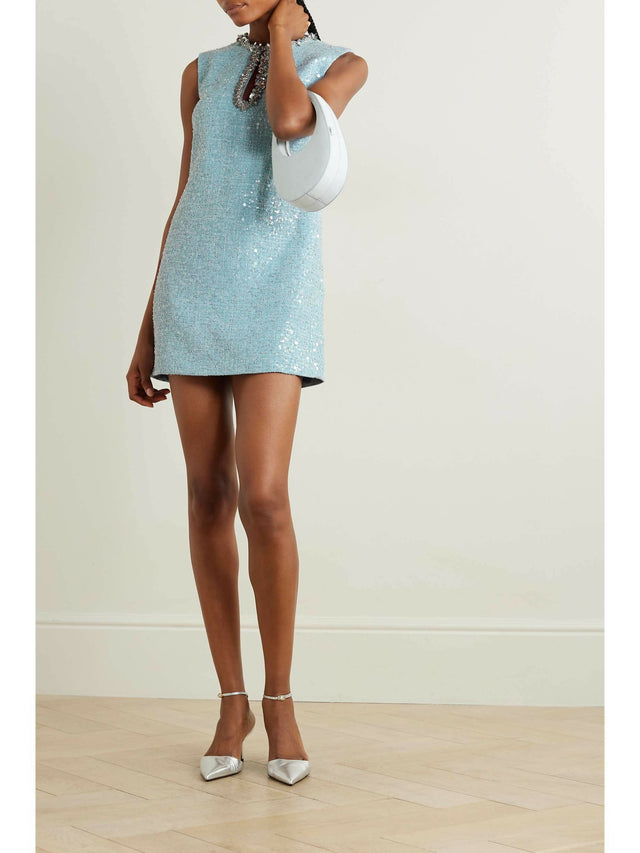 Self Portrait Cutout Embellished Sequined Bouclé Mini Dress - 8 / Blue - Dresses