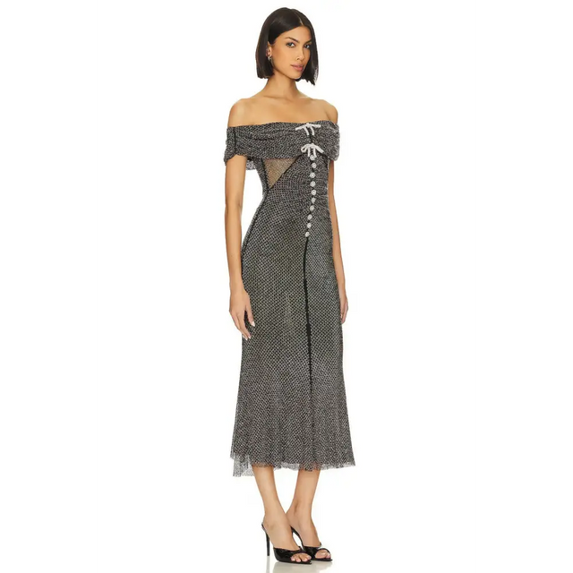 Self Portrait Diamante Midi Dress in Black - 8 / Black - Dresses