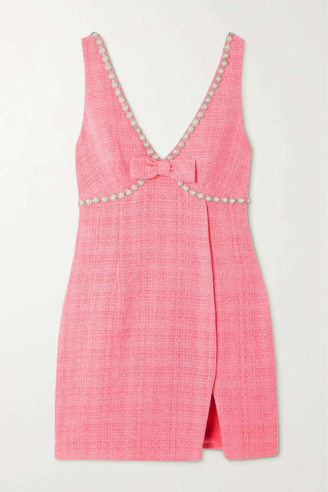 Self Portrait Embellished Bow-detailed Bouclé-tweed Mini Dress - 8 / Pink - Dresses