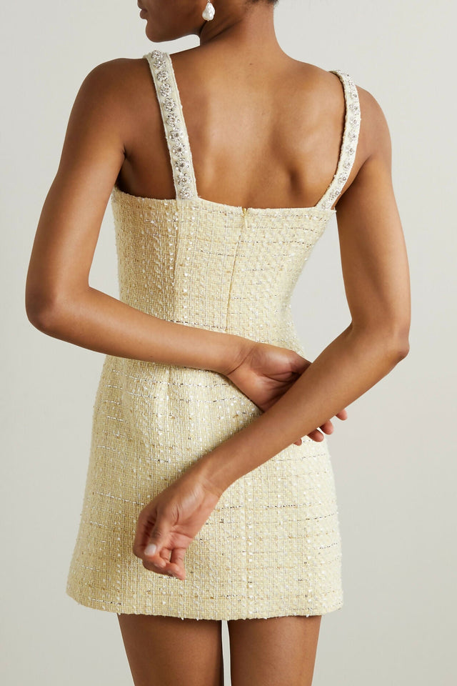 Self Portrait Embellished Cutout Metallic Tweed Mini Dress - 8 / Yellow - Dresses