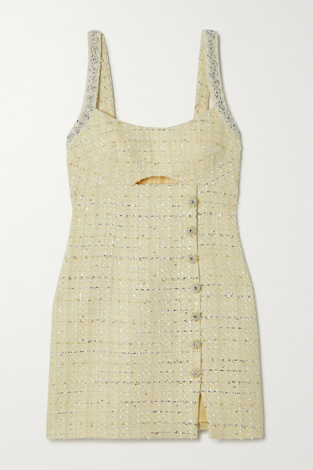 Self Portrait Embellished Cutout Metallic Tweed Mini Dress - 8 / Yellow - Dresses