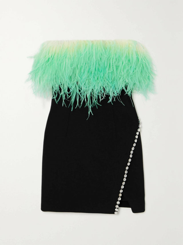 Self Portrait Feather Trimmed Crystal Embellished Crepe Mini Dress - 8 / Multi - Dresses