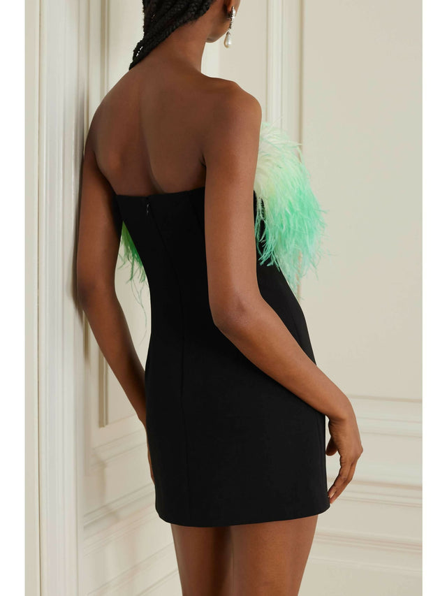 Self Portrait Feather Trimmed Crystal Embellished Crepe Mini Dress - 8 / Multi - Dresses