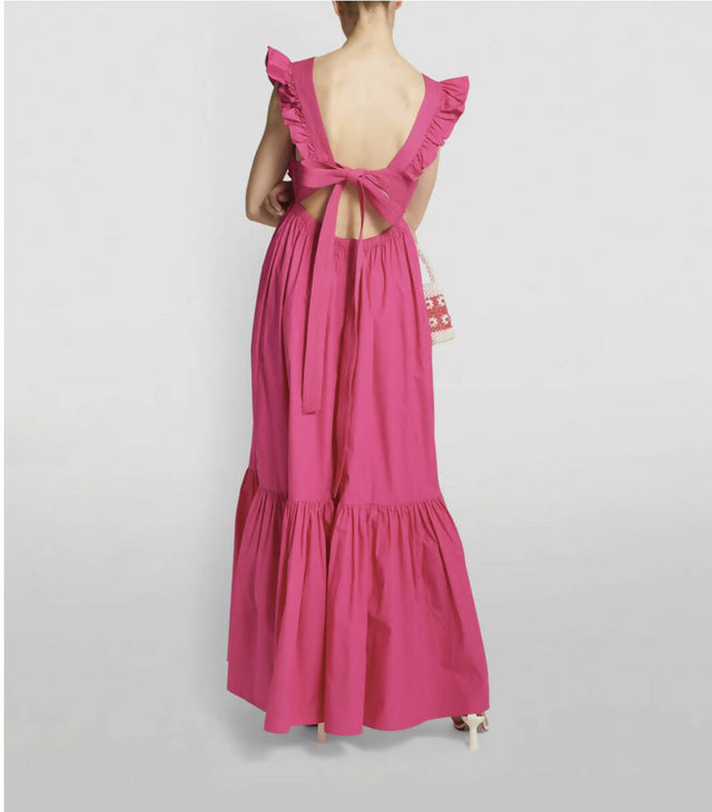 Self-Portrait Hot Pink Cotton Maxi Dress with Ruffle Neckline - 12 / Pink - Dresses