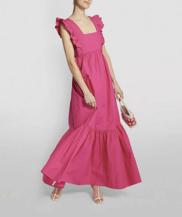 Self-Portrait Hot Pink Cotton Maxi Dress with Ruffle Neckline - 12 / Pink - Dresses