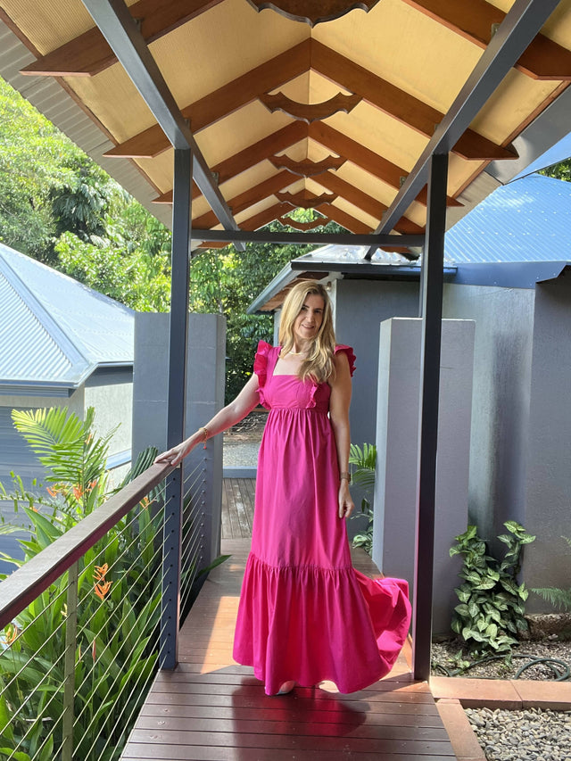 Self-Portrait Hot Pink Cotton Maxi Dress with Ruffle Neckline - 12 / Pink - Dresses