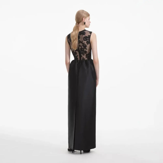 Self-Portrait - Lace-trim Taffeta Maxi Dress - Black - Dresses