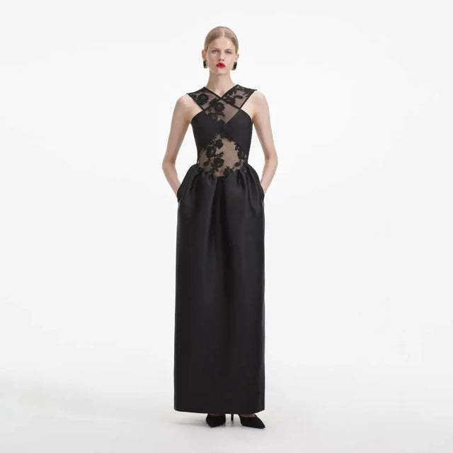 Self-Portrait - Lace-trim Taffeta Maxi Dress - Black - Dresses