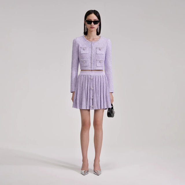 Self Portrait Lilac Sequin Knit Cardigan & Pleated Skirt Set