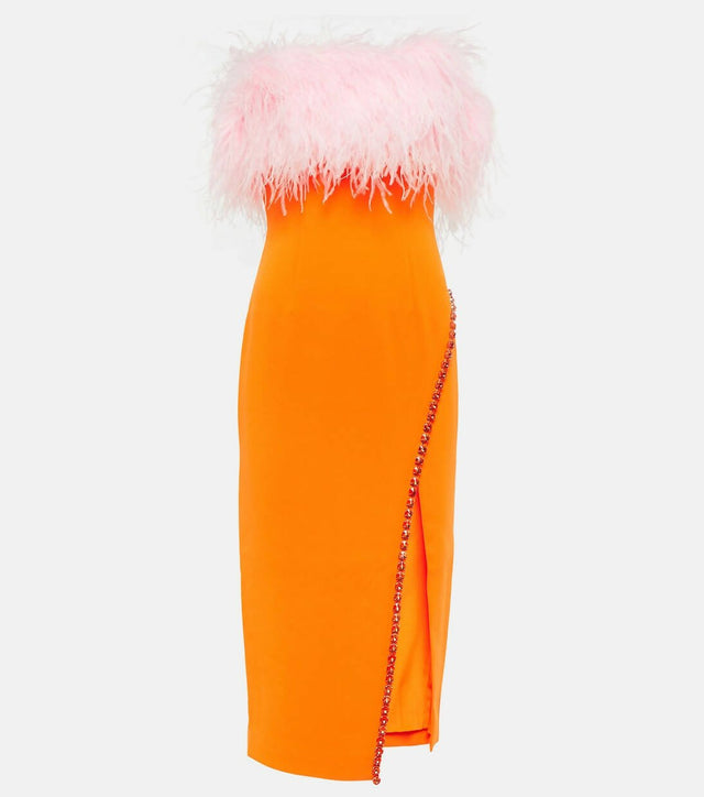 Self Portrait - Self Portrait Orange Crepe Midi Dress With Trim