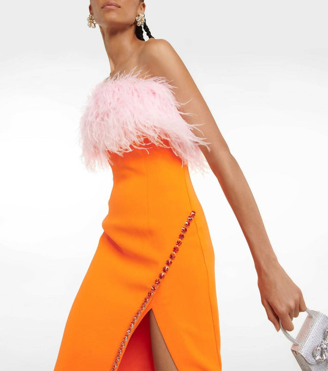 Self Portrait - Self Portrait Orange Crepe Midi Dress With Trim