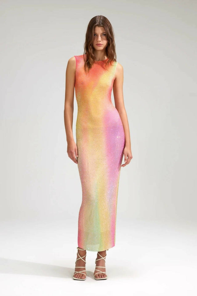 Self Portrait - Self Portrait Printed Mesh Rhinestone Midi Dress