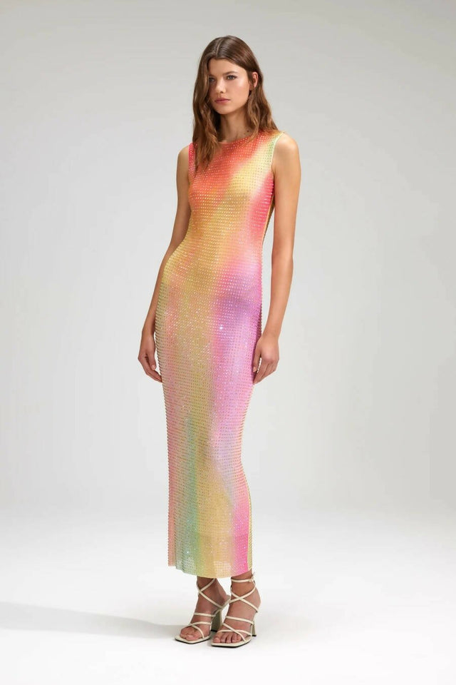 Self Portrait - Self Portrait Printed Mesh Rhinestone Midi Dress