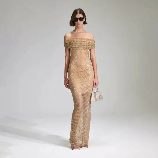 Self Portrait Rhinestone Embellished Dress Beige - 8 / Beige - Dresses