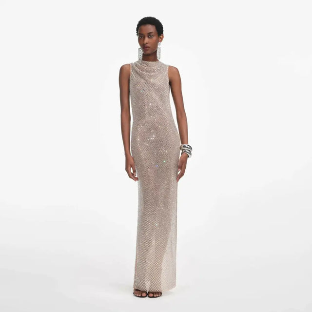 Self Portrait Silver Rhinestone Drape Open Back Maxi Dress - 10 / Silver - Dresses