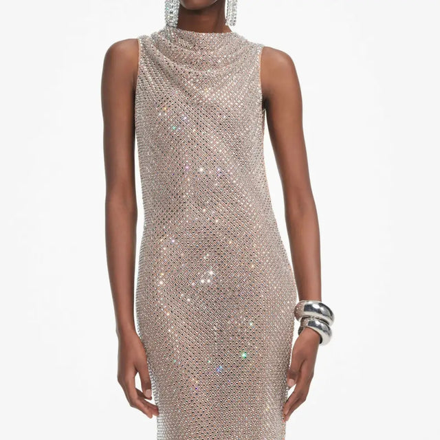 Self Portrait Silver Rhinestone Drape Open Back Maxi Dress - 10 / Silver - Dresses
