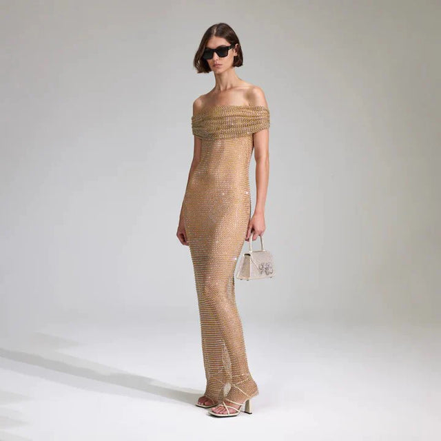 Self Portrait - Self Portrait Tan Rhinestone Off Shoulder Fishnet Maxi Dress