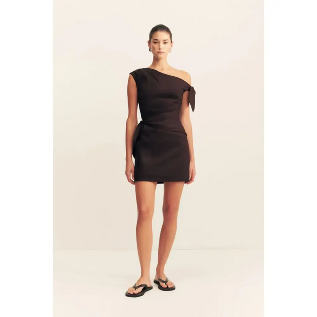 Shona Joy Brooks Asymmetrical Tie Mini Dress in Ganache Size AU 6 - 6 / Black - Dresses