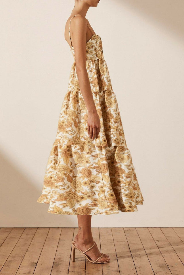 Shona Joy Margarita Linen Tiered Midi Dress - 12 / Print - Dresses