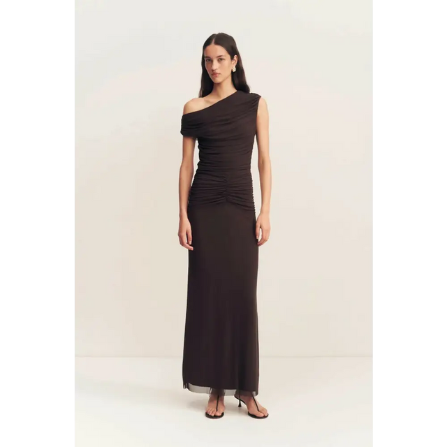 Shona Joy Mira Off Shoulder Maxi Dress Chocolate Brown Size 6 - 6 / Brown - Dresses