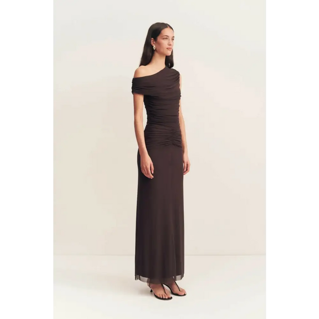 Shona Joy Mira Off Shoulder Maxi Dress Chocolate Brown Size 6 - 6 / Brown - Dresses