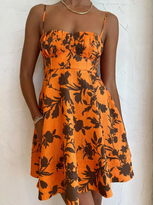 Shona Joy Uli Circle Mini Dress in Papaya and Cacao Print Size 6 - 6 / Print - Dresses