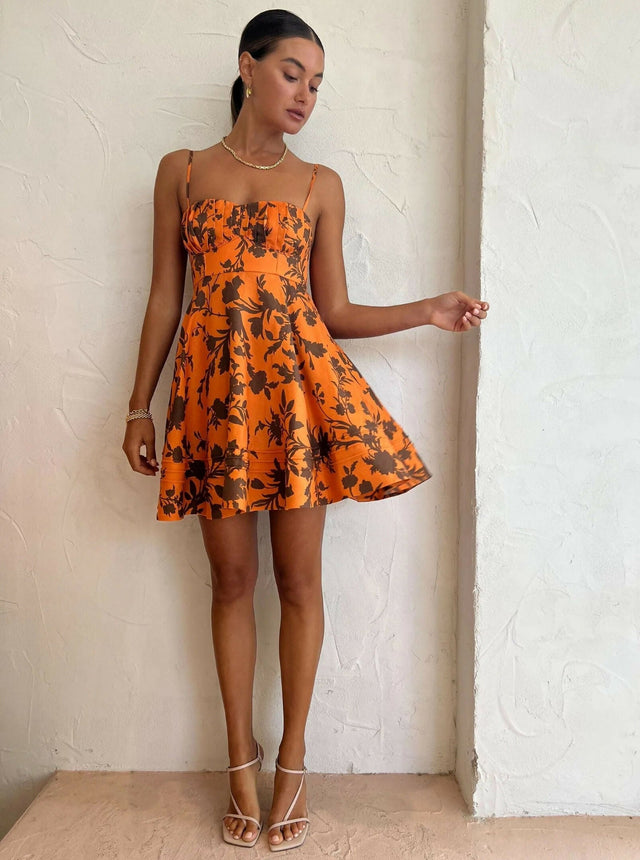 Shona Joy Uli Circle Mini Dress in Papaya and Cacao Print Size 6 - 6 / Print - Dresses