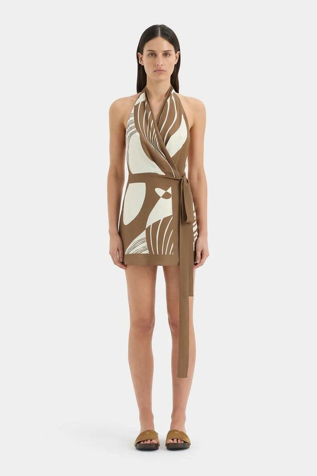 Sir The Label Almara Wrap Halter Mini Dress Brown - 6 / Brown - Dresses