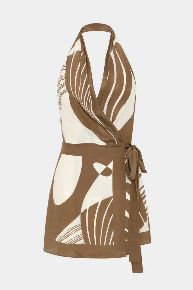 Sir The Label Almara Wrap Halter Mini Dress in Espresso Stripe - 10 / Multi - Dresses