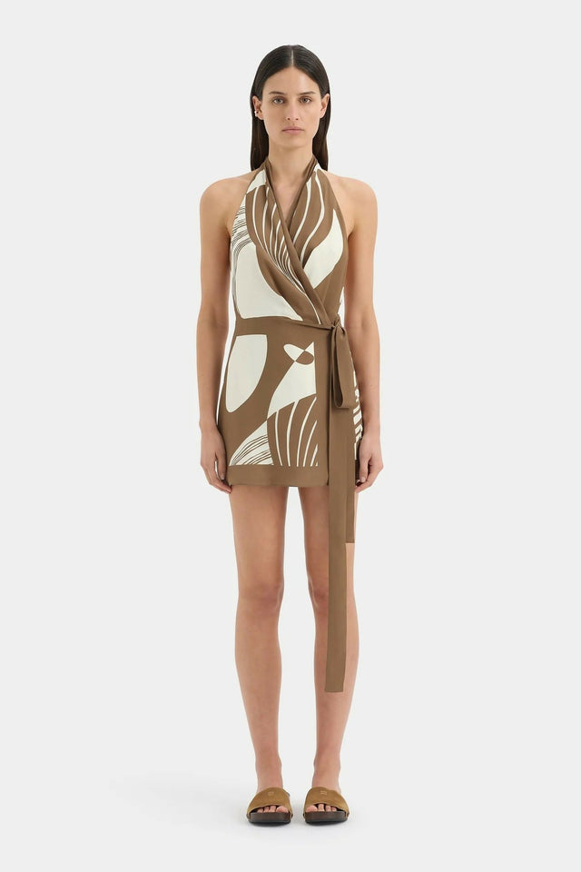 Sir The Label Almara Wrap Halter Mini Dress in Espresso Stripe - 10 / Multi - Dresses