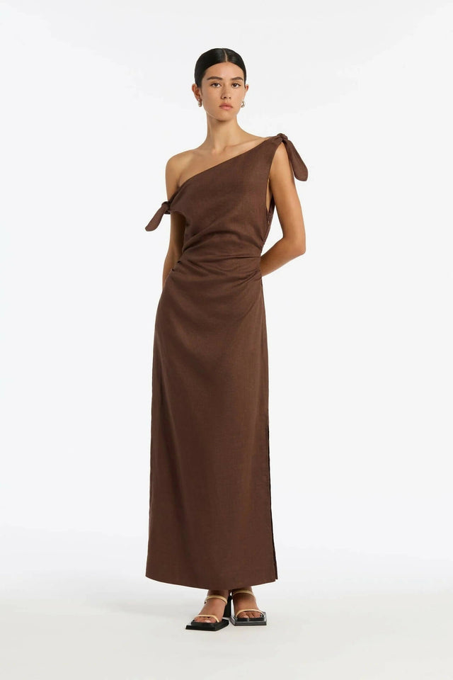 Sir The Label Bettina off Shoulder Dress- Chocolate - 10 / Brown - Dresses