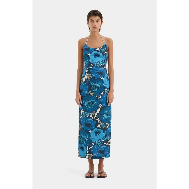 Sir The Label Camellia Midi Dress in Flora Print Size 2 / AU 10 - 10 / Blue - Dresses