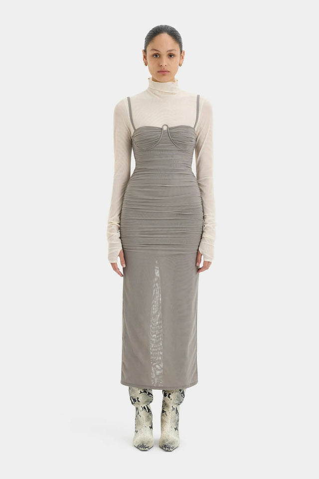 Sir The Label Jacques Gathered Midi Dress in Slate Grey - Dresses
