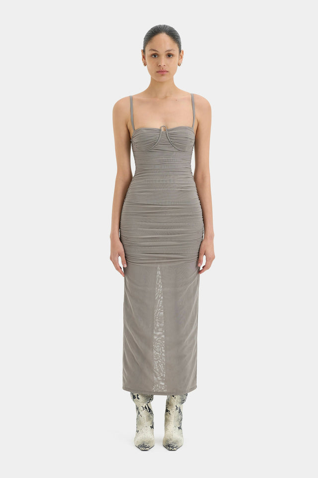 Sir The Label Jacques Gathered Midi Dress in Slate Grey - Dresses